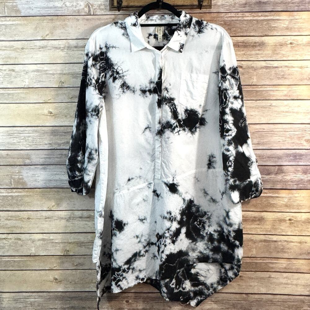 XCVI White & Black Tie Dye Collared Pullover Lagenlook Blouse Artsy Relaxed Top